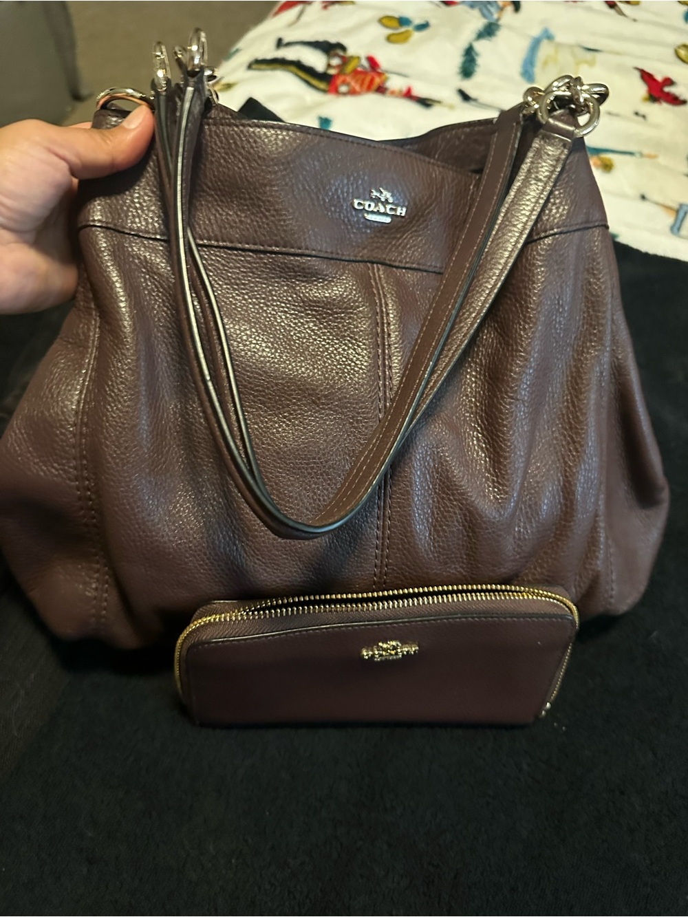 Coach Burgundy Pebbled Leather Shoulder Bag with Matching Zip Wallet